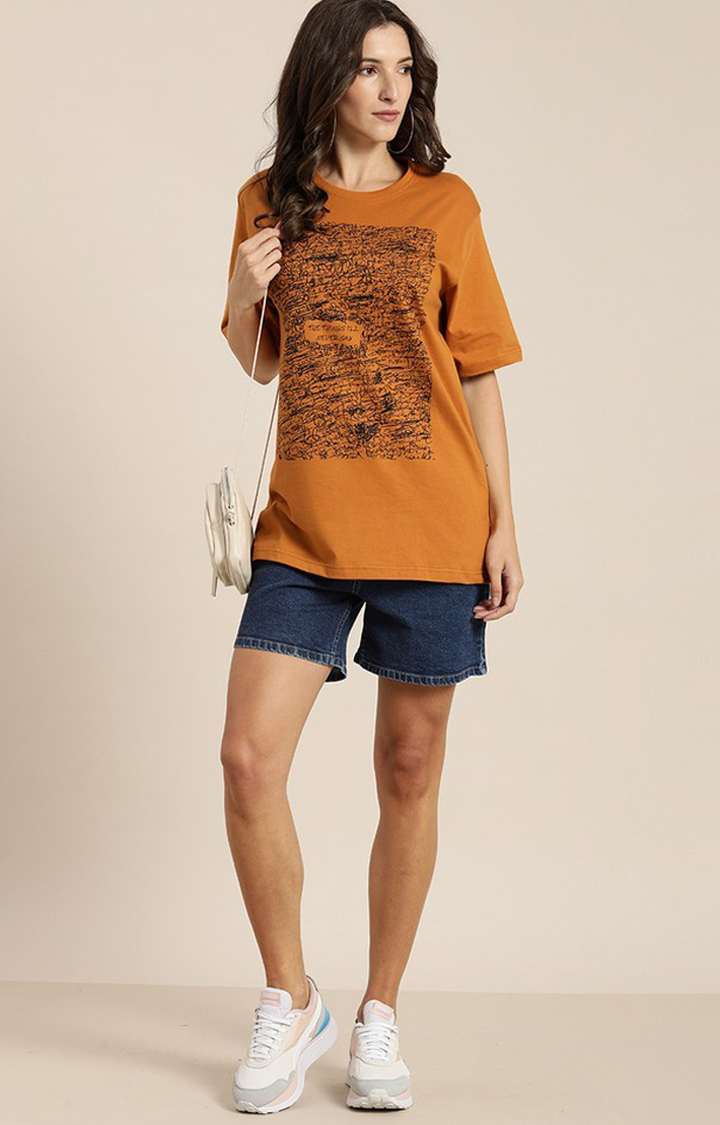 Women's Brown Cotton Graphic Printed Oversized T-Shirt