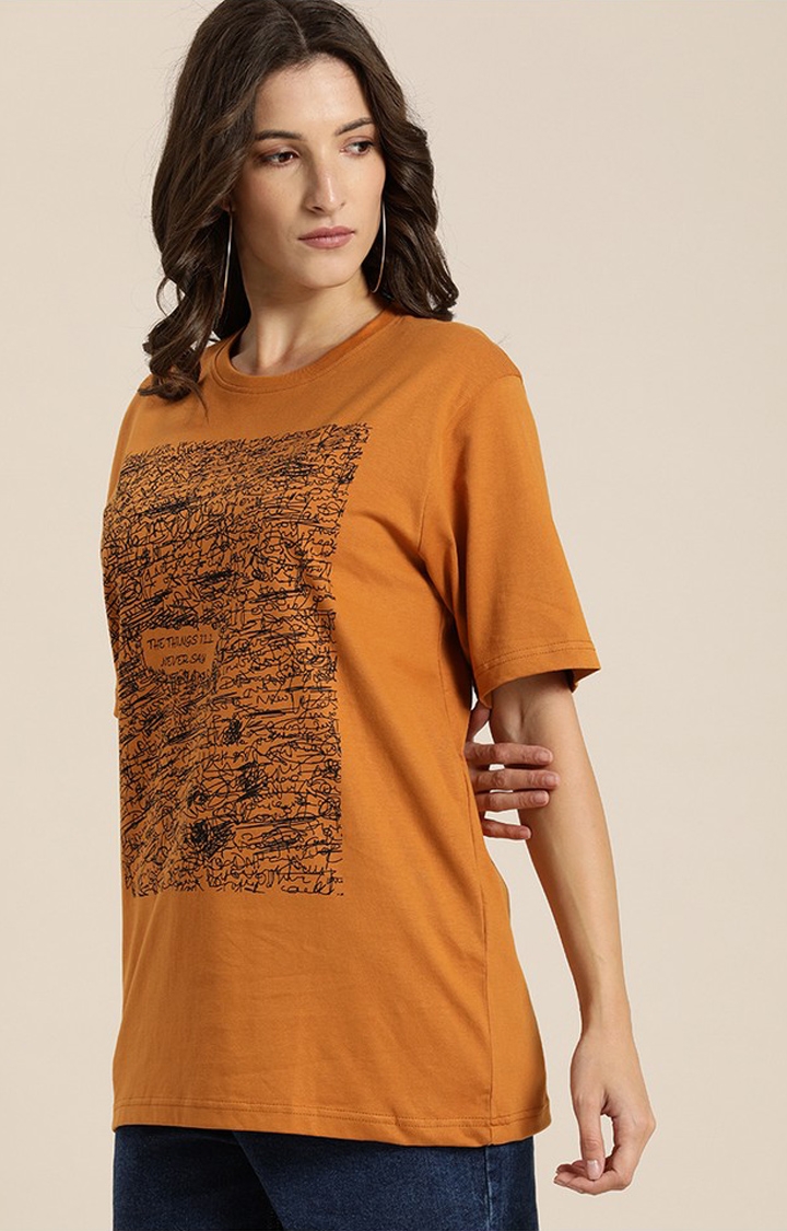Difference of Opinion | Women's Brown Cotton Graphic Printed Oversized T-Shirt