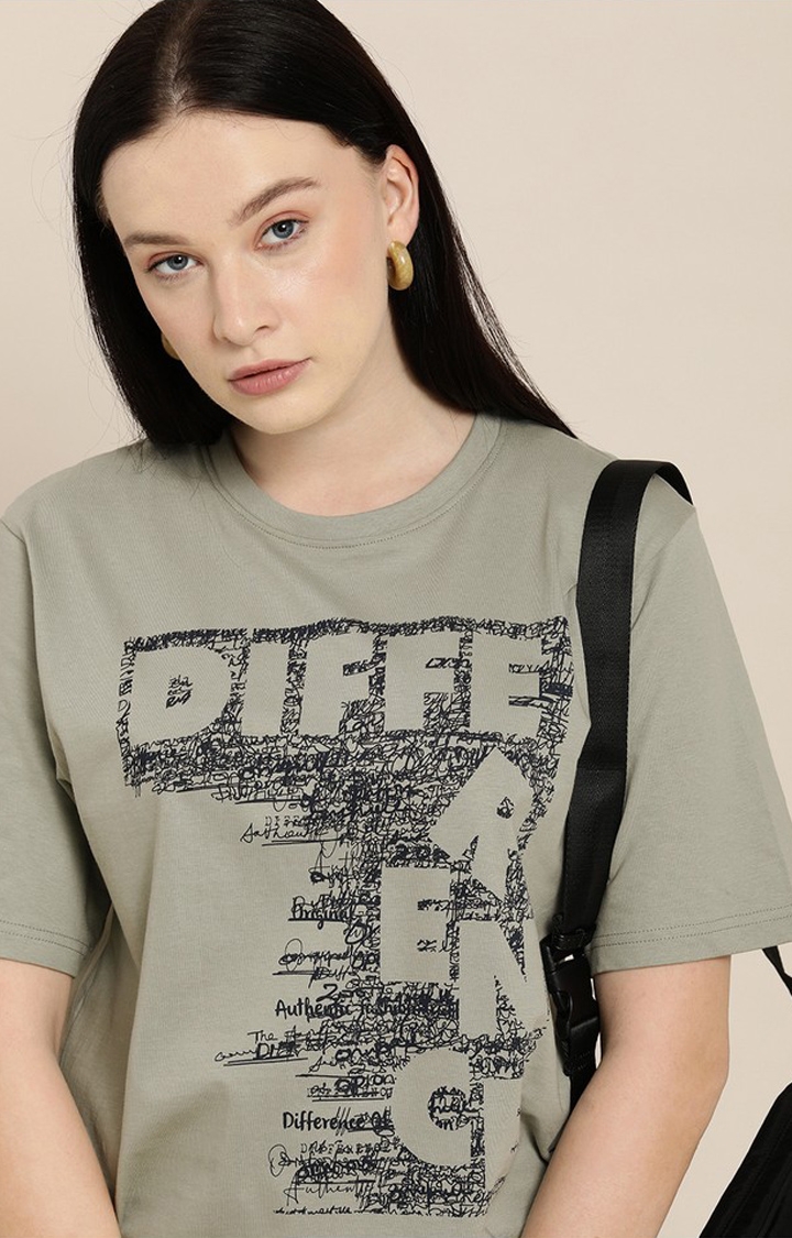 Difference of Opinion | Women's Grey Cotton Typographic Printed Oversized T-Shirt 2