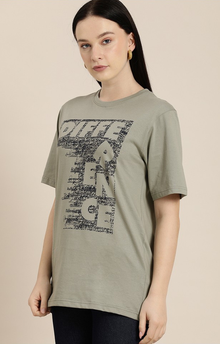 Difference of Opinion | Women's Grey Cotton Typographic Printed Oversized T-Shirt 0