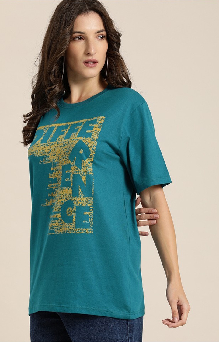 Difference of Opinion | Women's Ink Blue Cotton Typographic Printed Oversized T-Shirt
