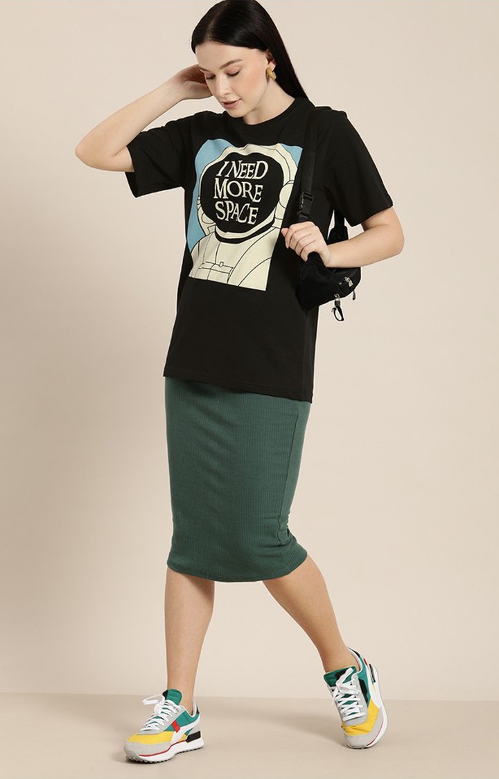 Women's Black Cotton Typographic Printed Oversized T-Shirt