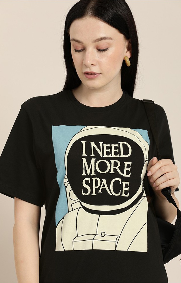 Women's Black Cotton Typographic Printed Oversized T-Shirt