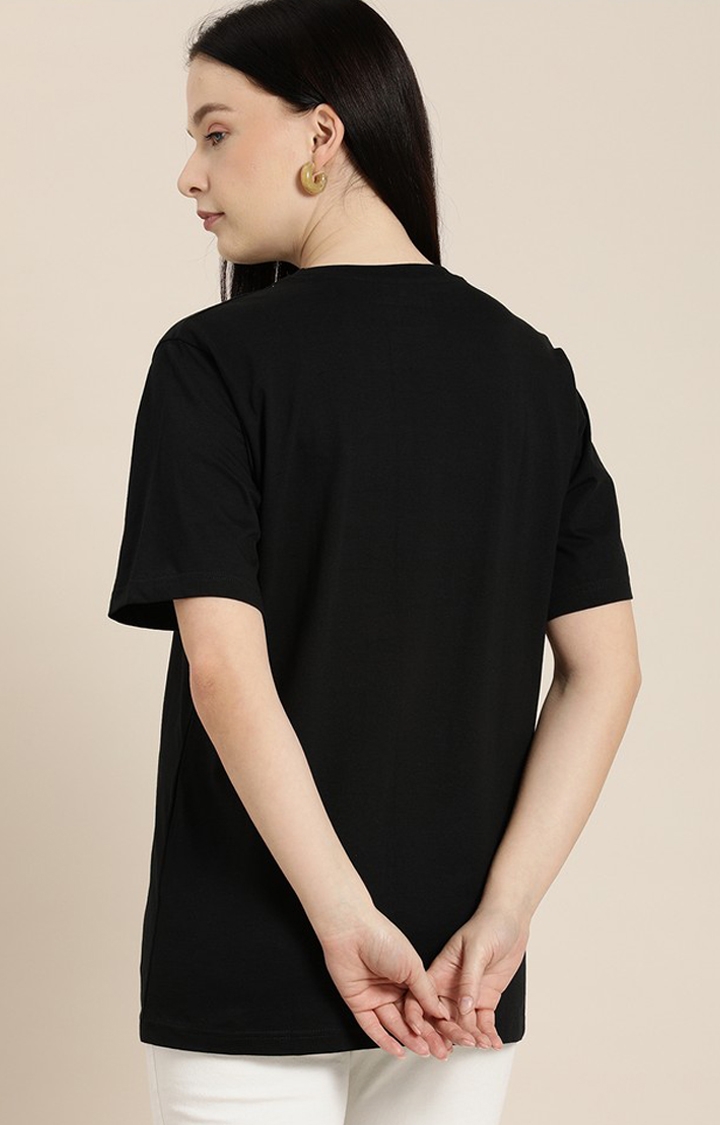 Difference of Opinion | Women's Black Cotton Typographic Printed Oversized T-Shirt 3
