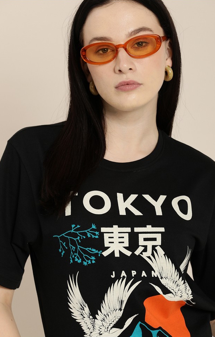 Difference of Opinion | Women's Black Cotton Typographic Printed Oversized T-Shirt 2