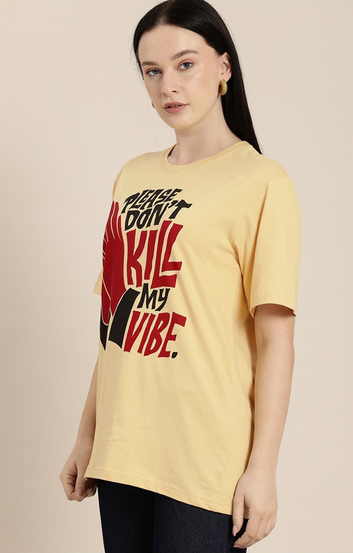 Difference of Opinion | Women's Beige Cotton Typographic Printed Oversized T-Shirt