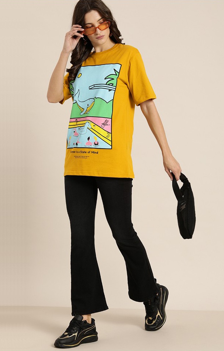 Women's Mustard Cotton Graphic Printed Oversized T-Shirt