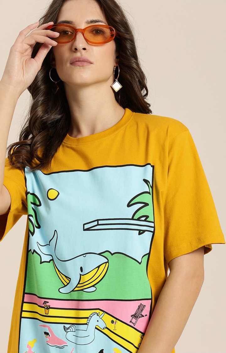 Women's Mustard Cotton Graphic Printed Oversized T-Shirt