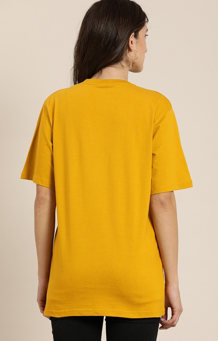 Women's Mustard Cotton Graphic Printed Oversized T-Shirt