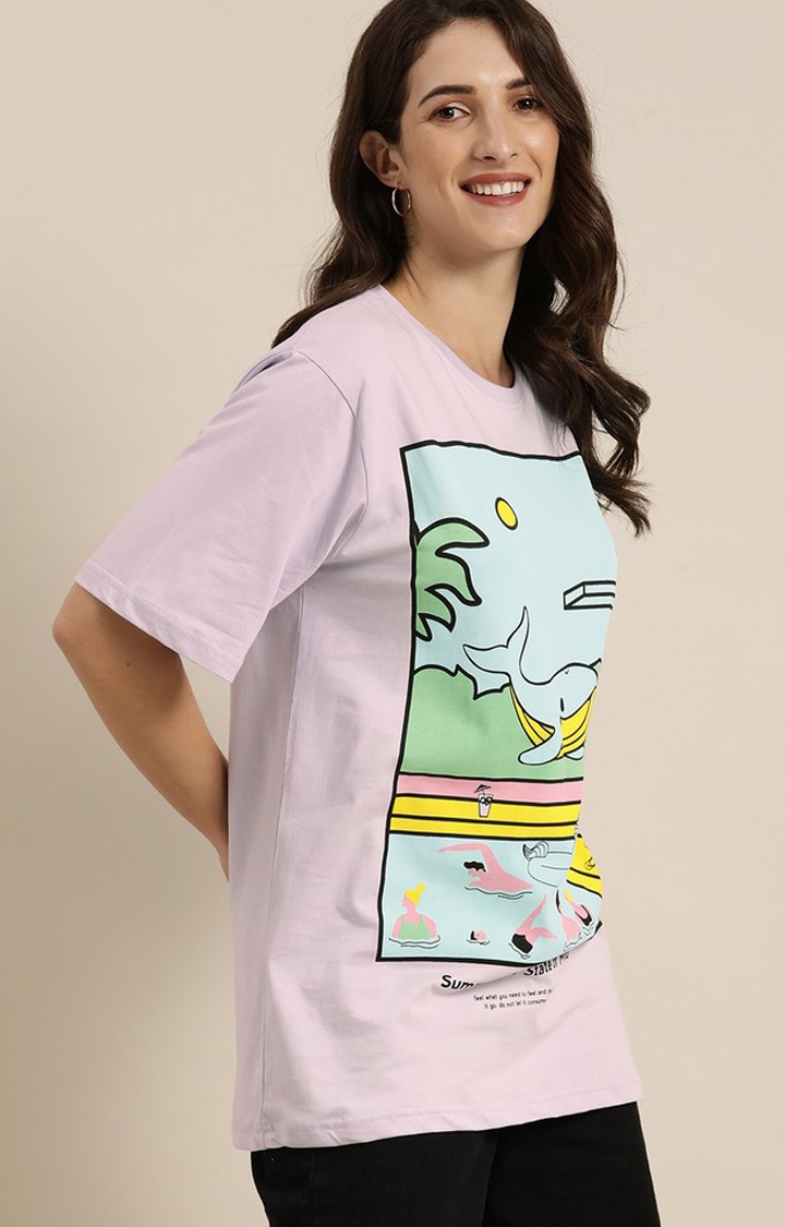 Women's Lilac Cotton Graphic Printed Oversized T-Shirt