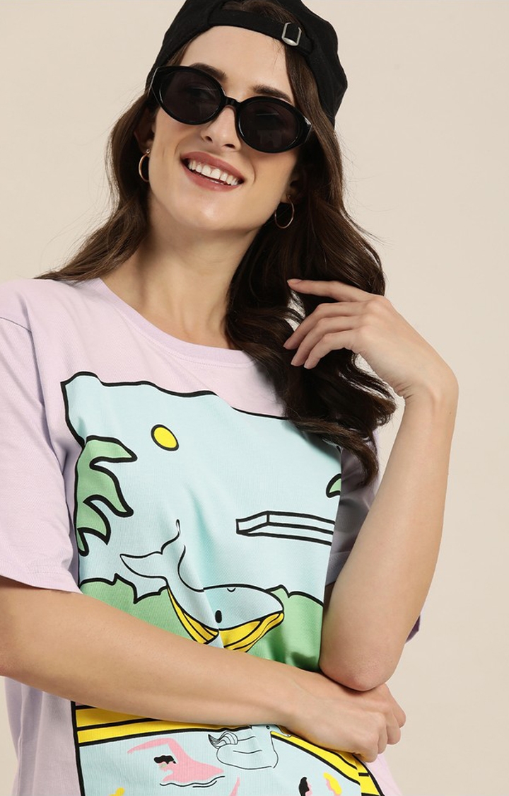 Difference of Opinion | Women's Lilac Cotton Graphic Printed Oversized T-Shirt 2