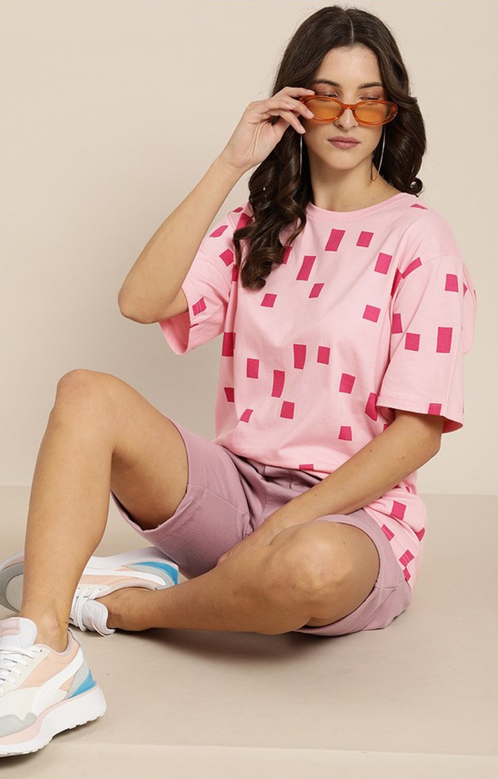 Women's Pink Cotton Graphic Printed Oversized T-Shirt