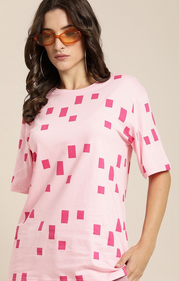 Women's Pink Cotton Graphic Printed Oversized T-Shirt