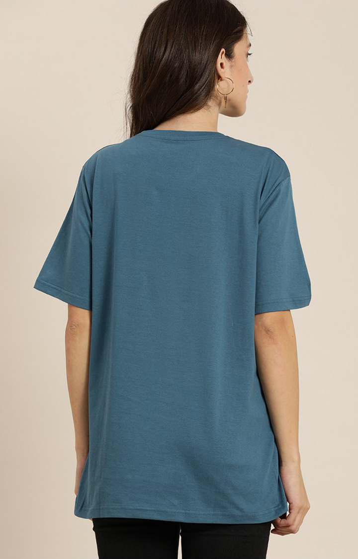 Women's Teal Blue Cotton Graphic Printed Oversized T-Shirt