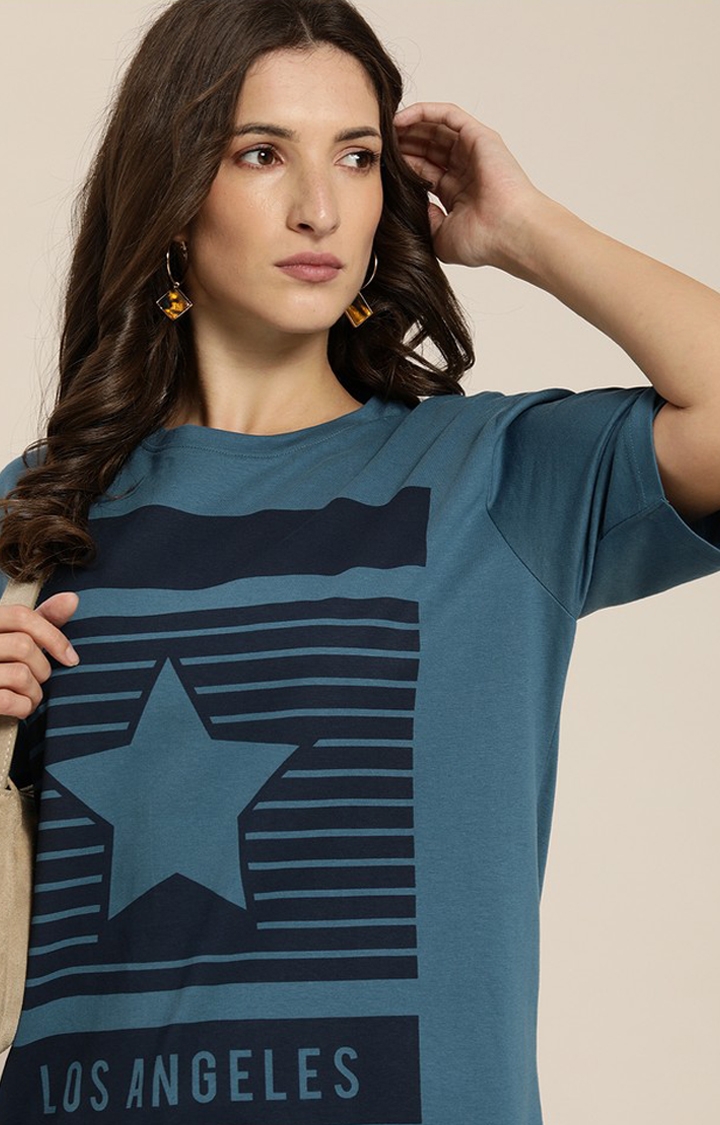 Women's Teal Blue Cotton Graphic Printed Oversized T-Shirt