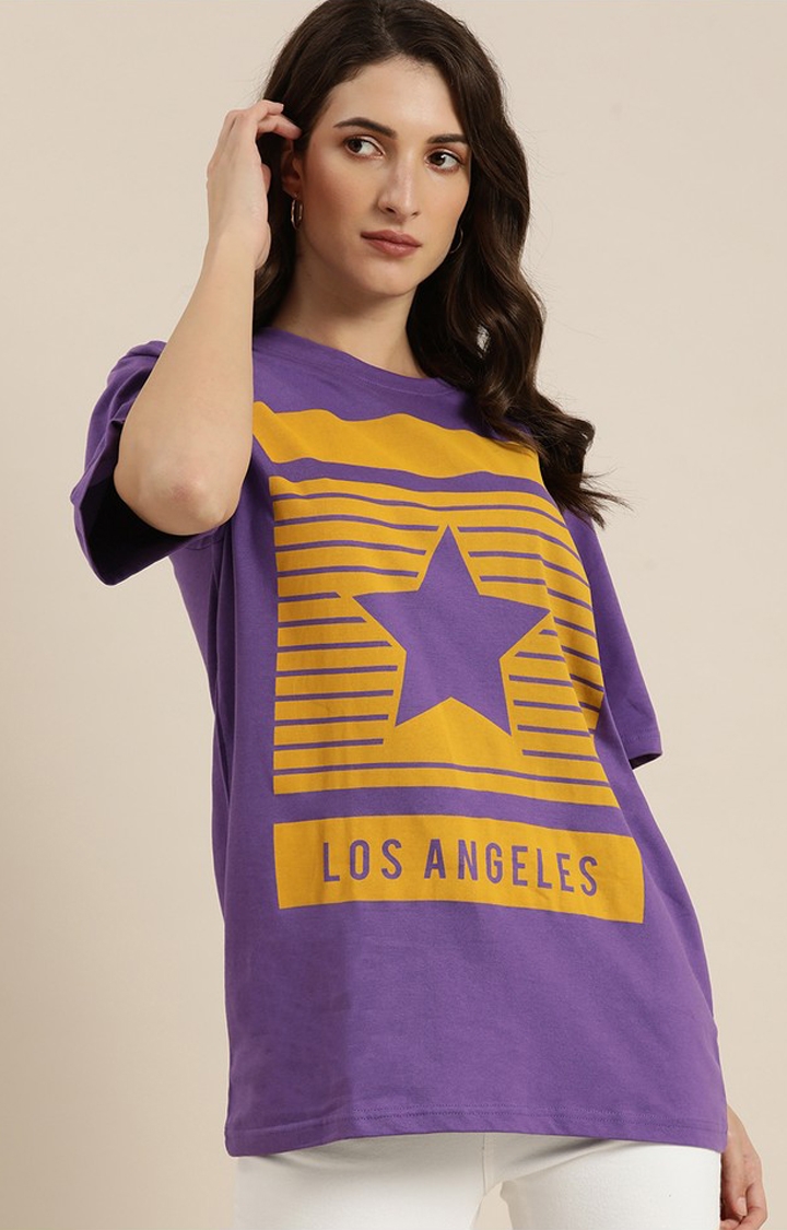 Difference of Opinion | Women's Violet Cotton Graphic Printed Oversized T-Shirt
