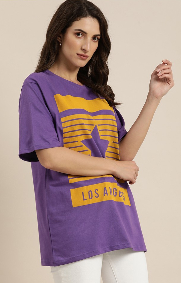 Women's Violet Cotton Graphic Printed Oversized T-Shirt