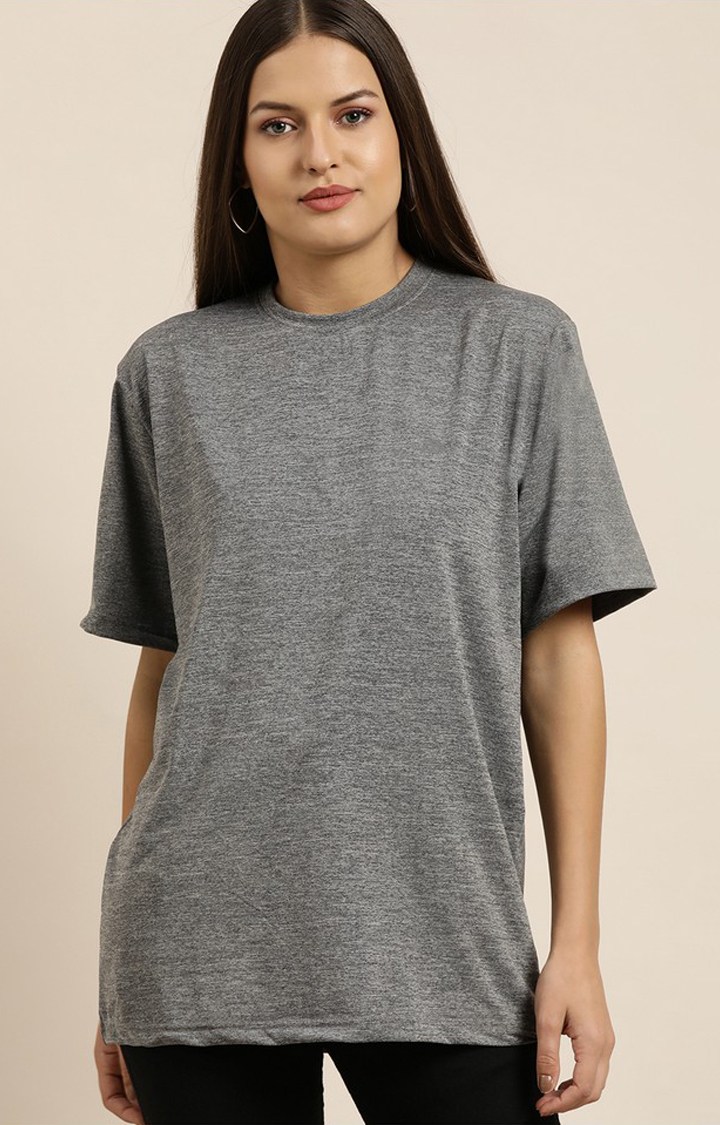 Women's Charcoal Melange Textured Cotton Textured Oversized T-Shirt