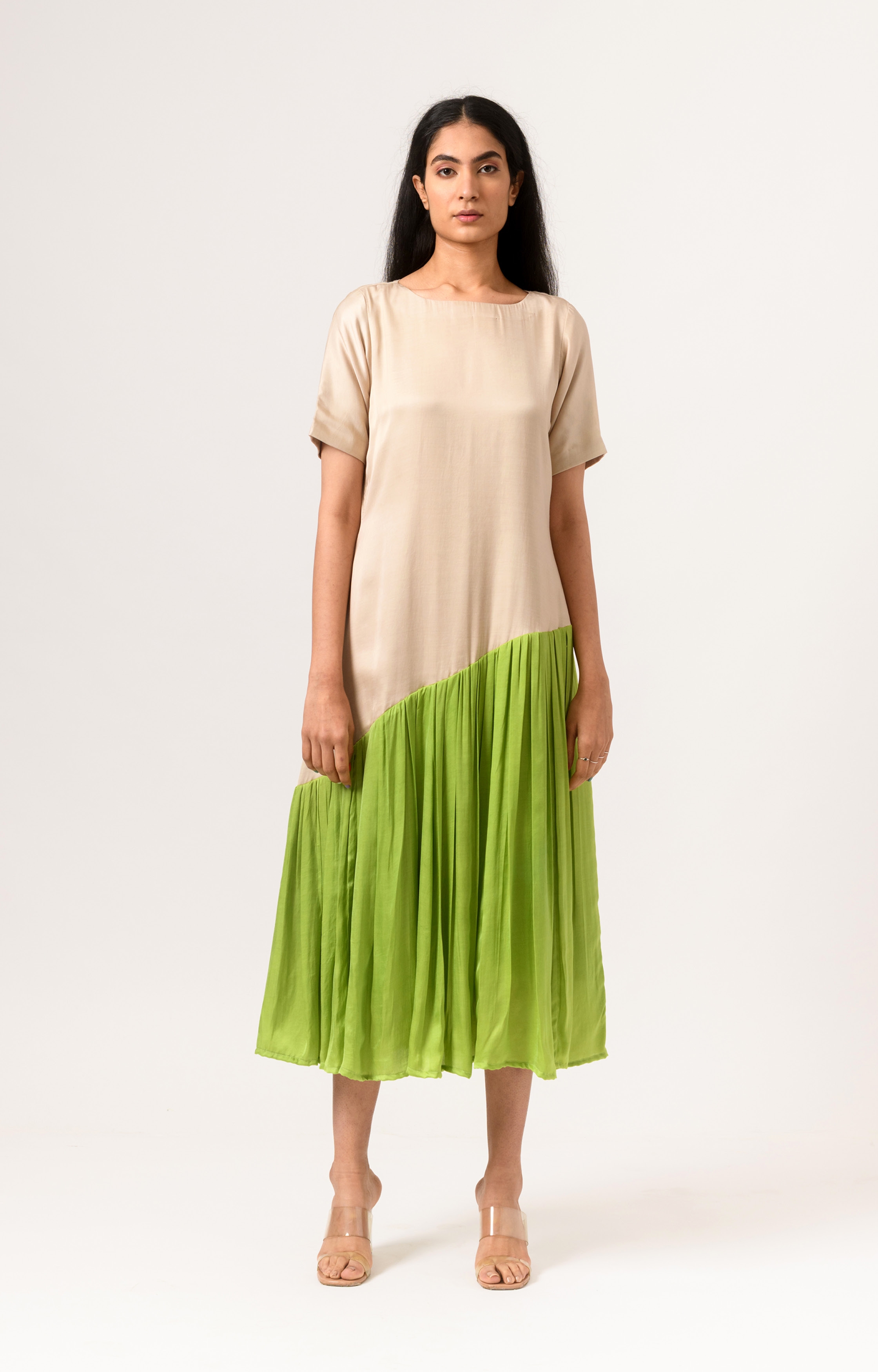 Neora | Ecru-Green Gather Dress undefined