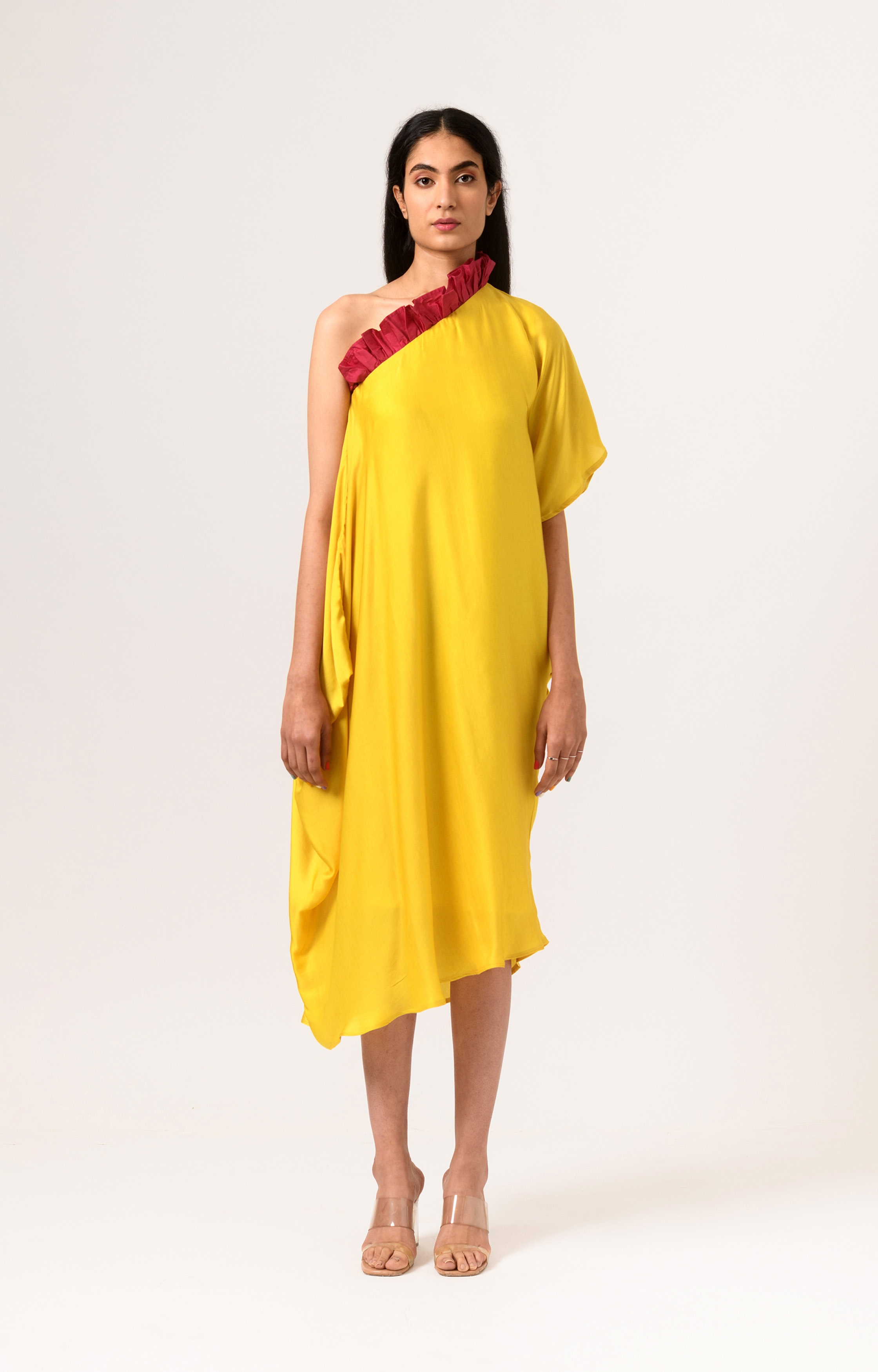 Wine-Yellow One Shoulder Dress