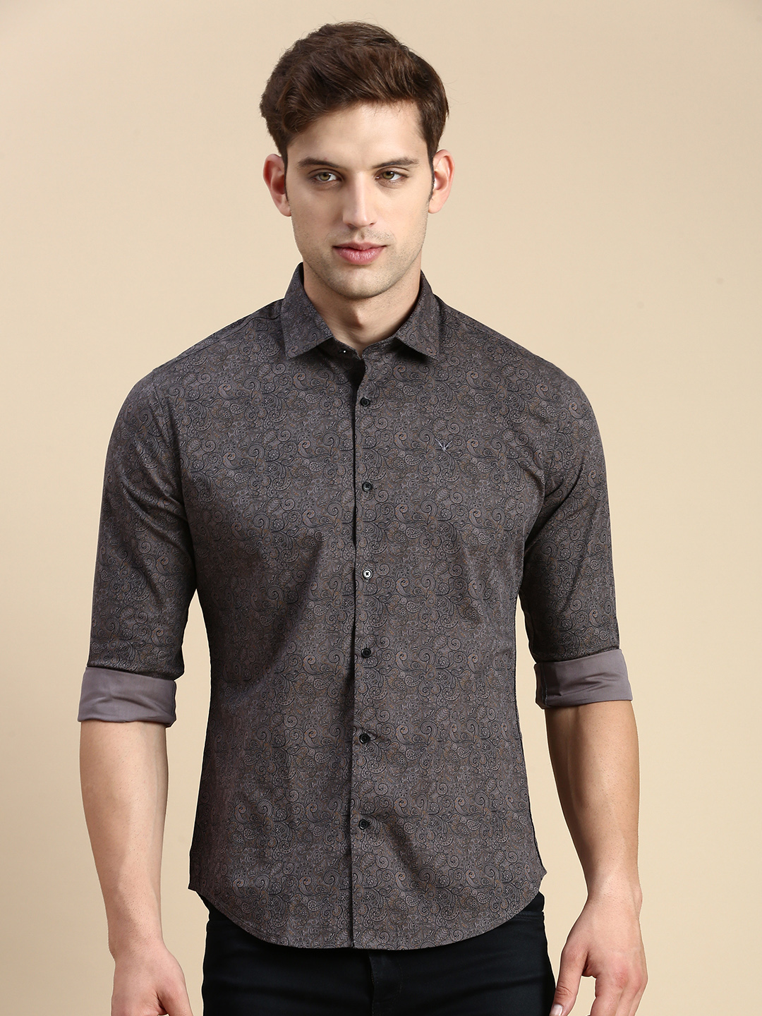 SHOWOFF Men's Spread Collar Grey Slim Fit Printed Shirt