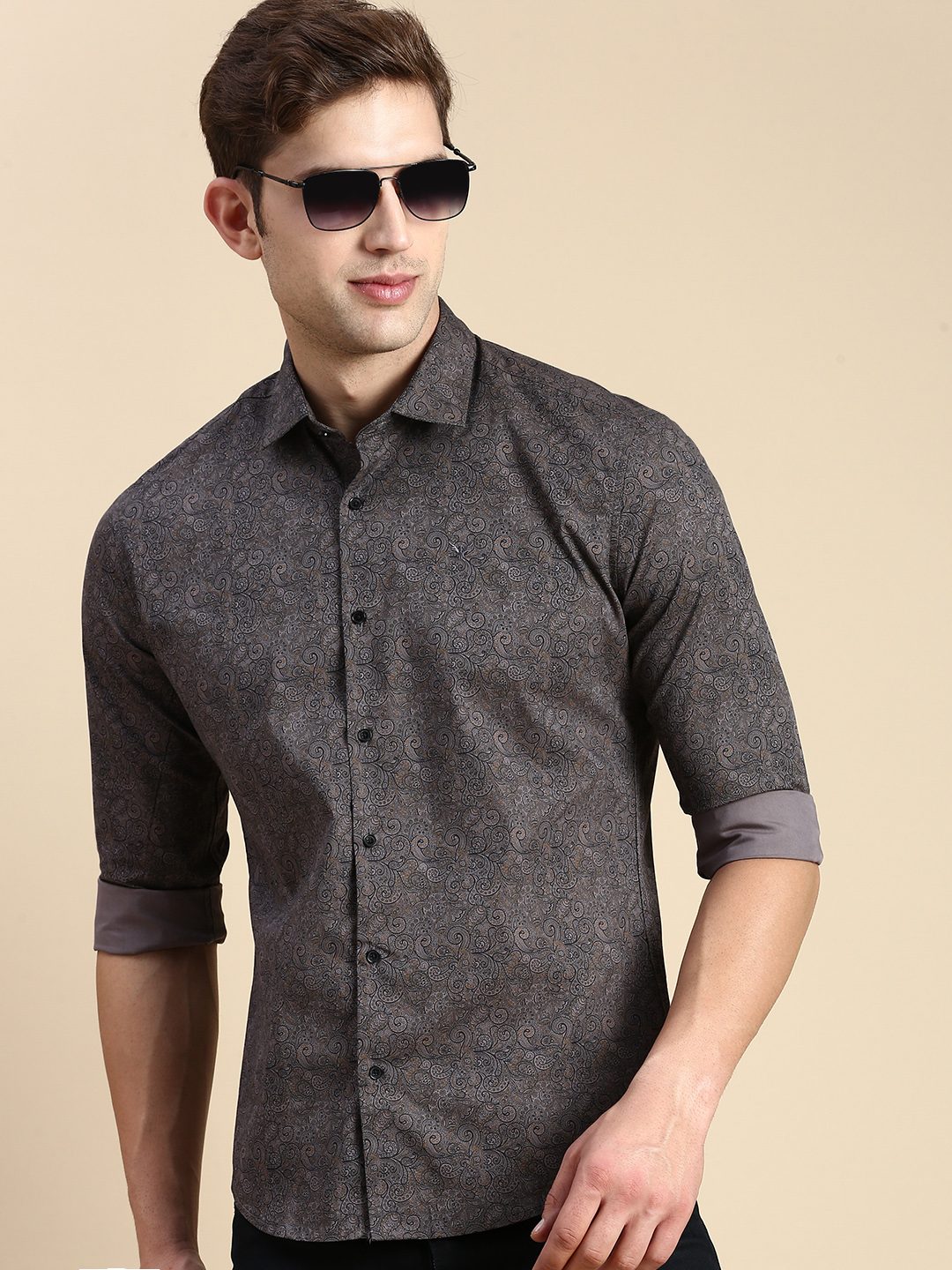 SHOWOFF Men's Spread Collar Grey Slim Fit Printed Shirt