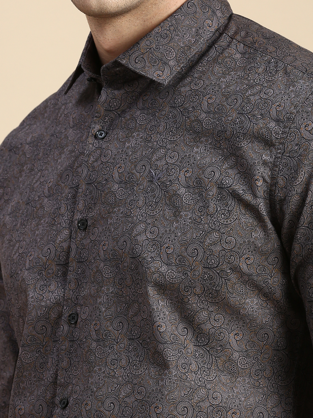 SHOWOFF Men's Spread Collar Grey Slim Fit Printed Shirt
