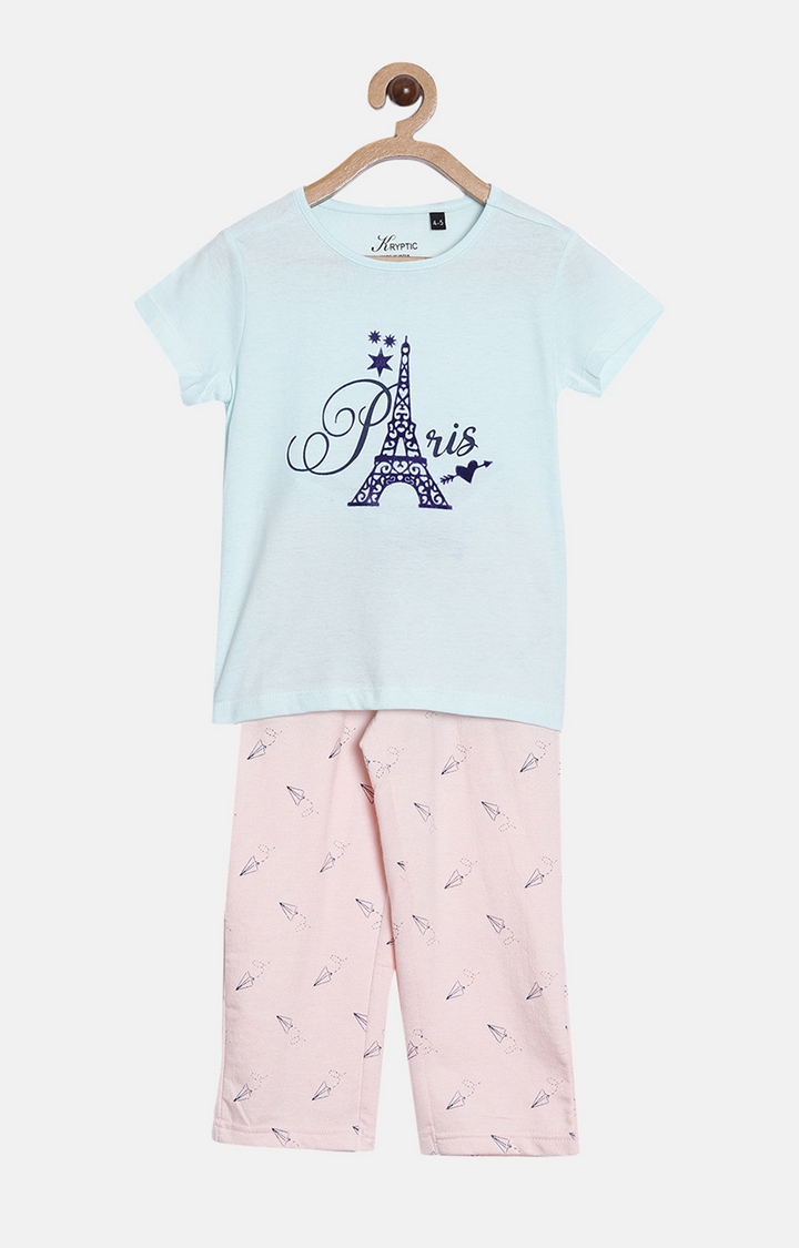Kryptic | Aqua & Pink Cotton T-Shirt and Pyjama Set 0