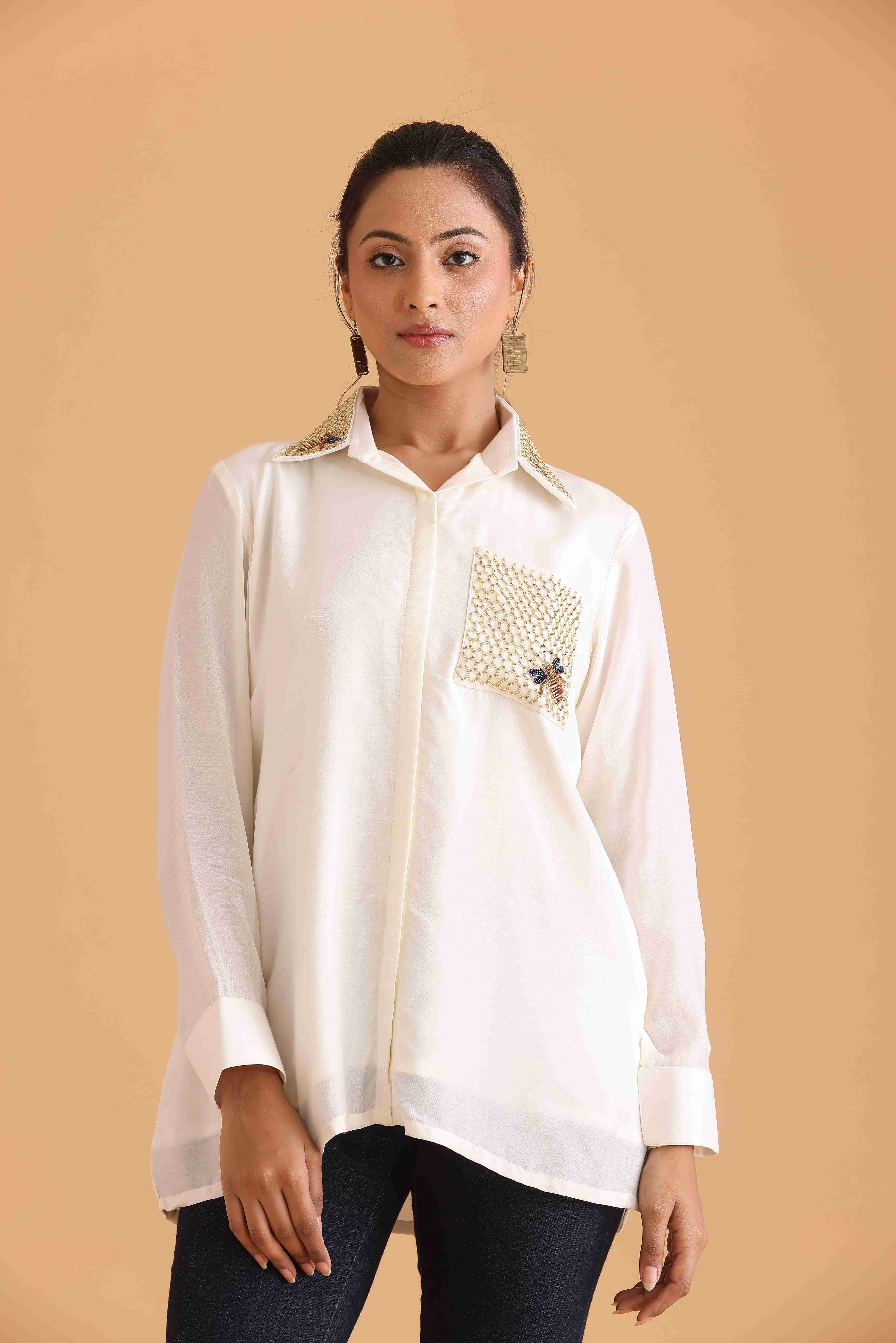 White Shirt with Bee and Pearl Embellishments