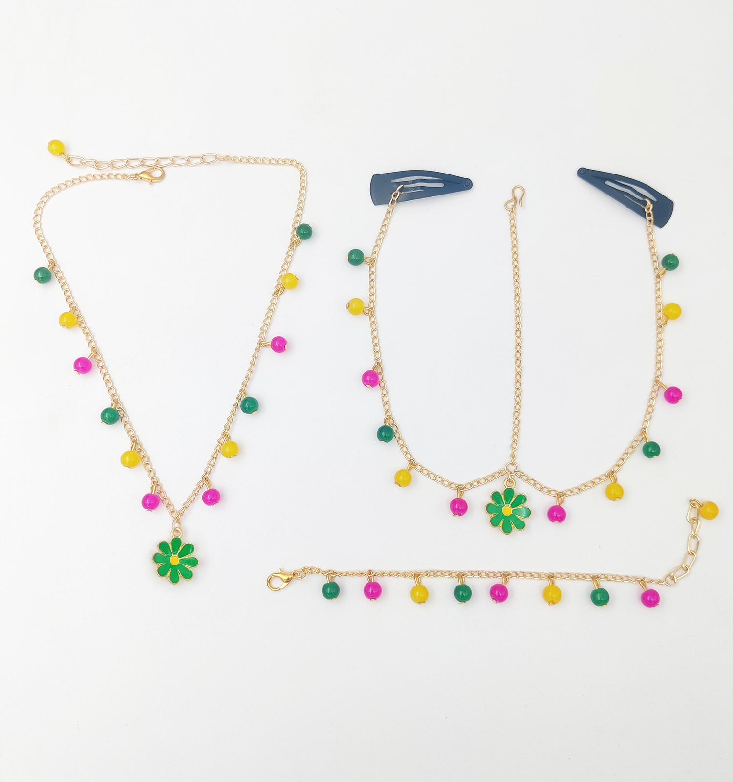 Daffodil  Charmed Necklace, Bracelet & Head Chain Set- Green