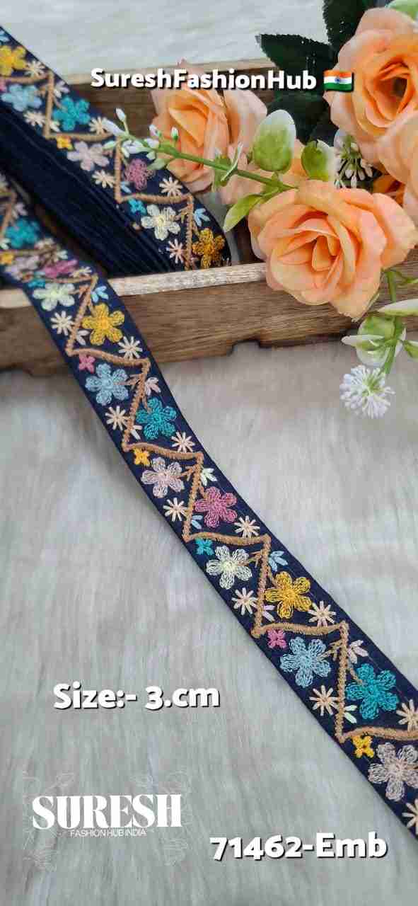 Navy Multicolor Thread Floral Embroidery Lace – 71462-Emb
