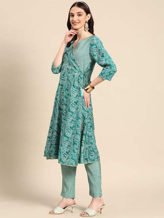 Women Turquoise Blue Paisley Printed Angrakha  Kurta with Trousers