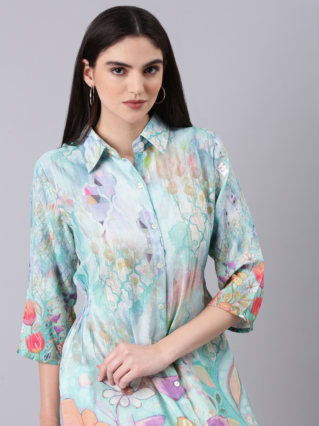 SHOWOFF Women's Shirt Collar Three-Quarter Sleeves Shirt Floral Sea Green Midi Dress