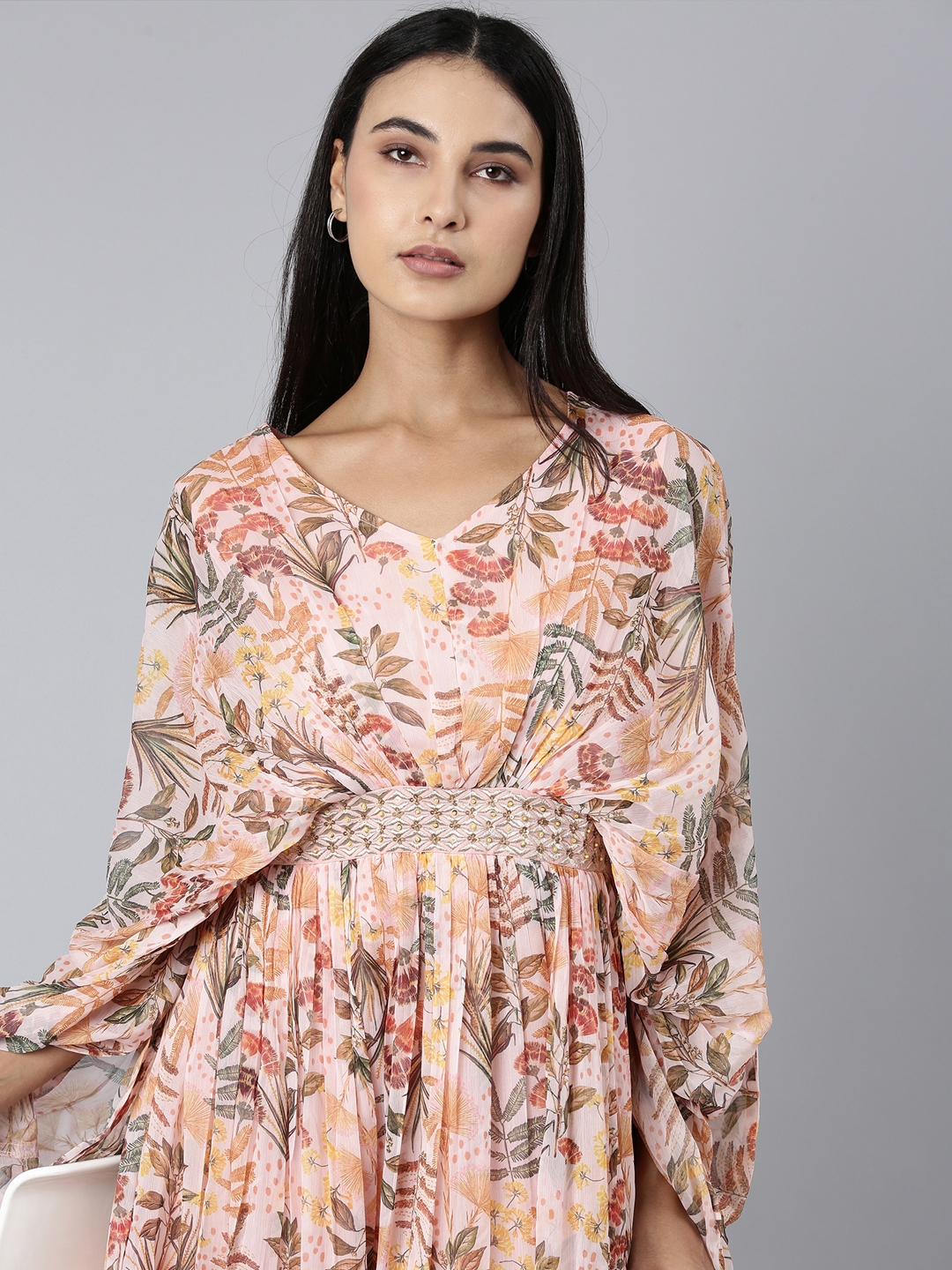 SHOWOFF Women's V-Neck Long Sleeves Floral Peach Maxi Dress