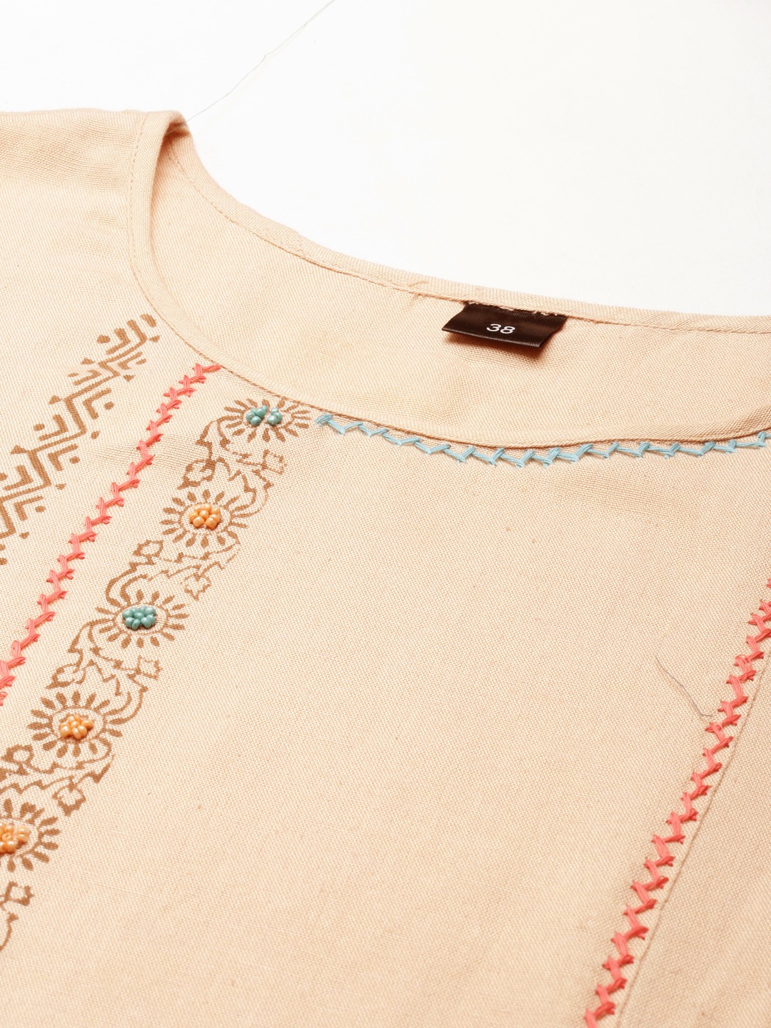 SHOWOFF Women's Mid Length Ethnic Motifs A-Line Beige Kurta