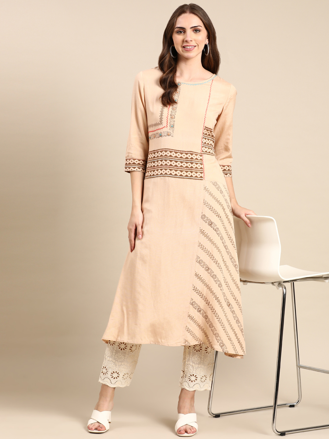 SHOWOFF Women's Mid Length Ethnic Motifs A-Line Beige Kurta
