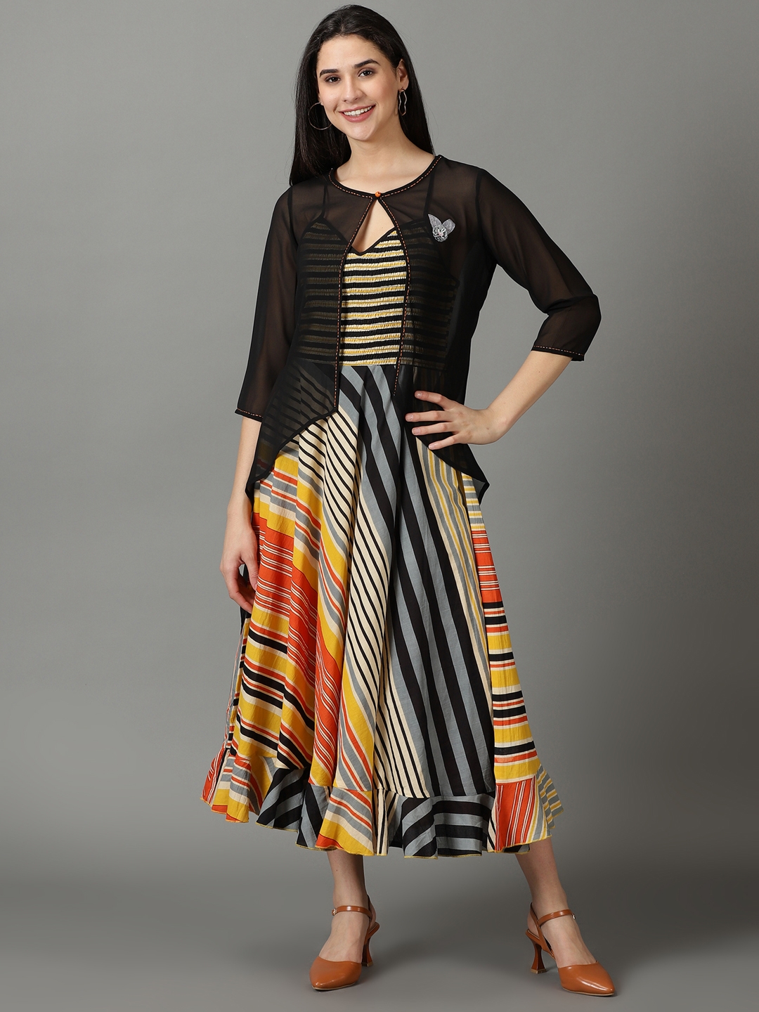 Showoff | SHOWOFF Women's Shoulder Straps Striped Maxi Black Dress 1