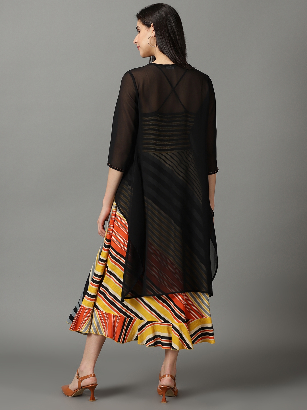 Showoff | SHOWOFF Women's Shoulder Straps Striped Maxi Black Dress 3
