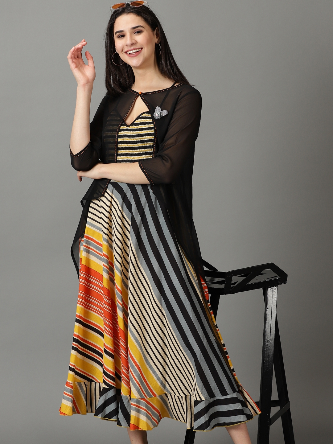 Showoff | SHOWOFF Women's Shoulder Straps Striped Maxi Black Dress 0