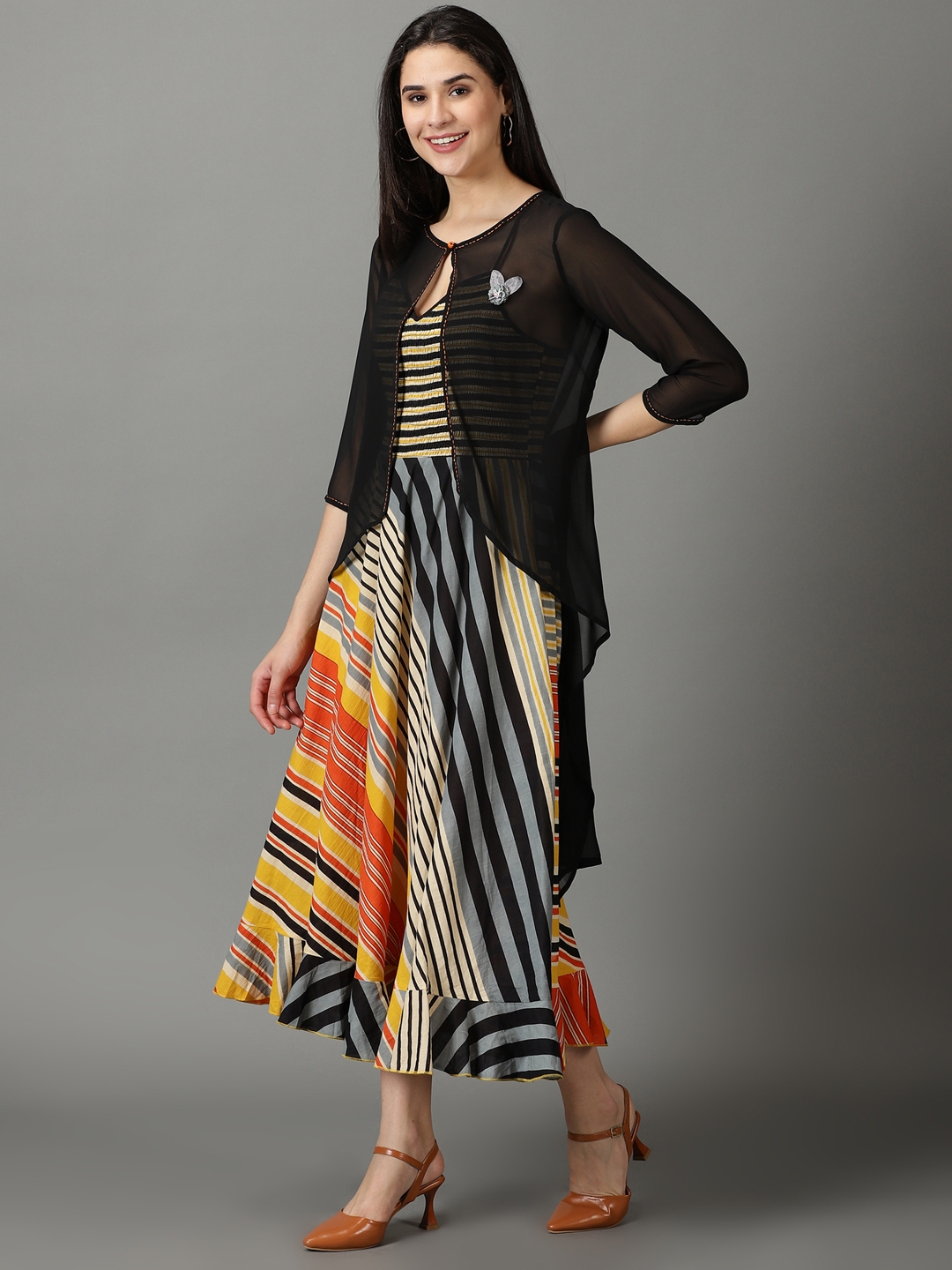Showoff | SHOWOFF Women's Shoulder Straps Striped Maxi Black Dress 2