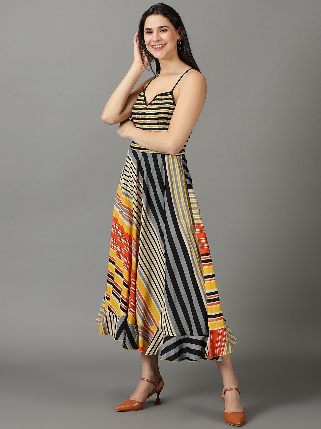 Showoff | SHOWOFF Women's Shoulder Straps Striped Maxi Black Dress 6