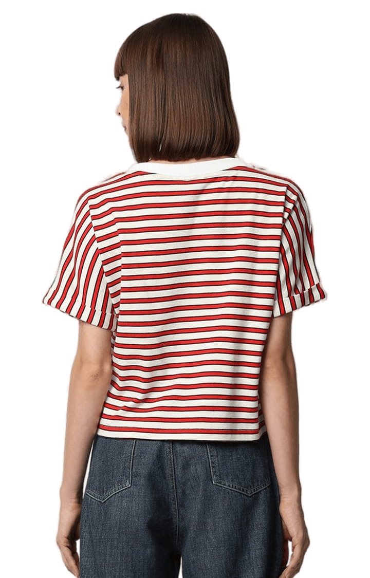 DISRUPT | Disrupt Women Red Striped Extended Shoulder Boxy Fit T-shirt 3