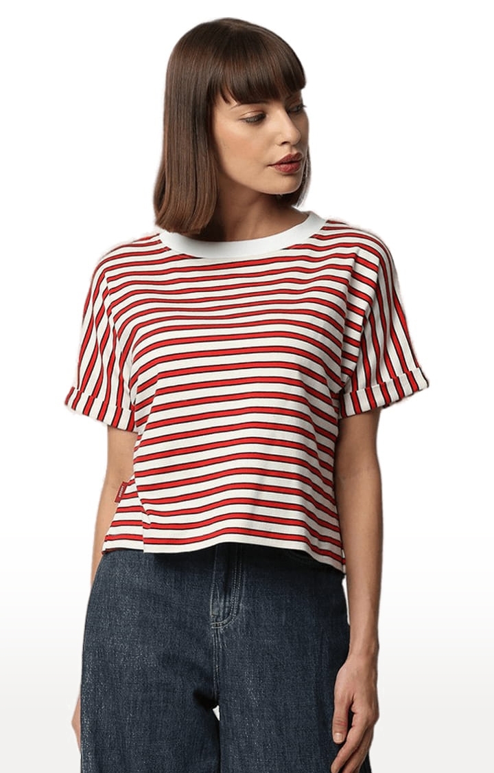 DISRUPT | Disrupt Women Red Striped Extended Shoulder Boxy Fit T-shirt 0