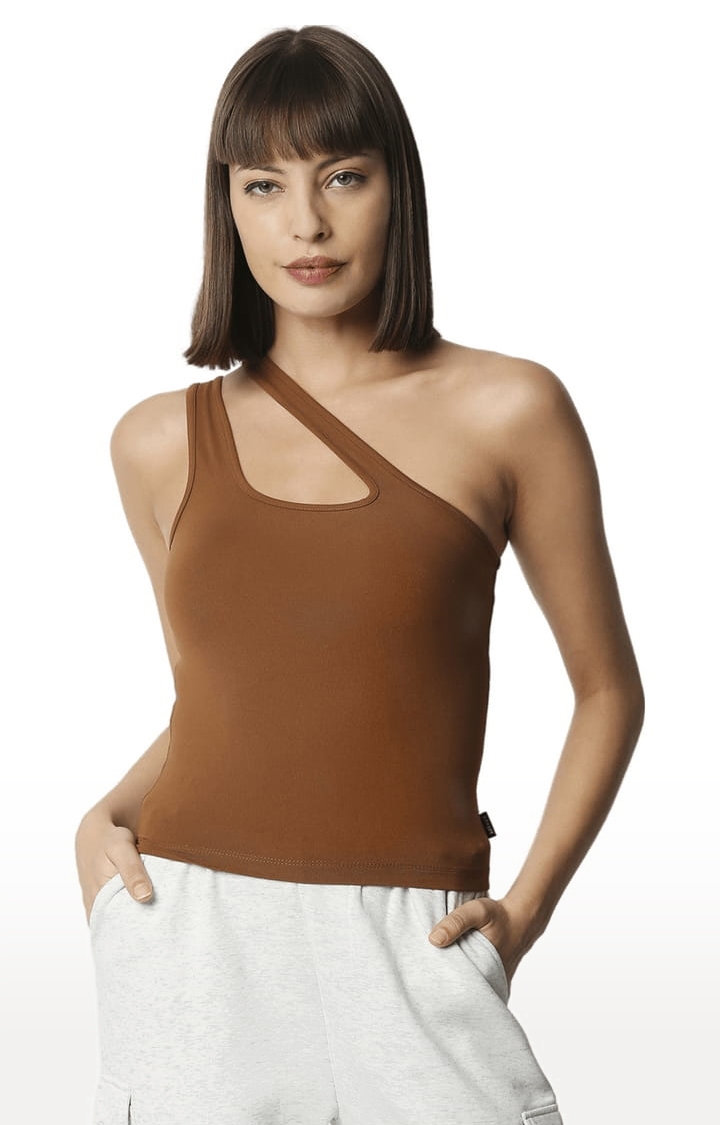 DISRUPT | Disrupt Women Brown One-Shoulder Cut-Out Square Neck Slim Crop Top 0