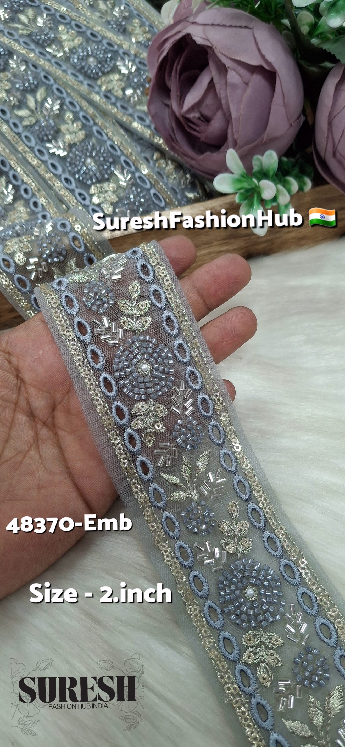 Grey TwinCut Floral Net Embroidered Lace