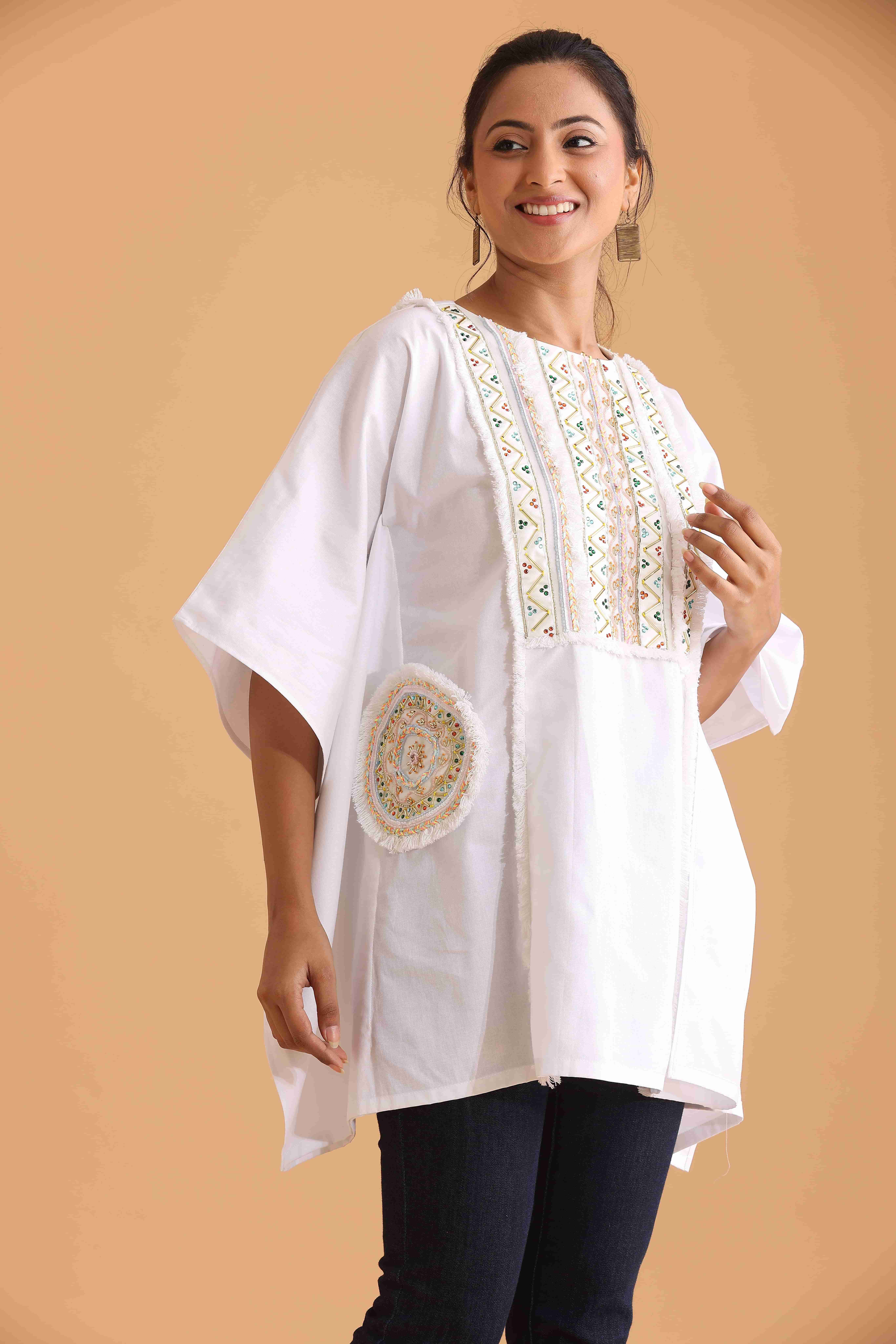 White Boxy Fit Tunic with Embroidery