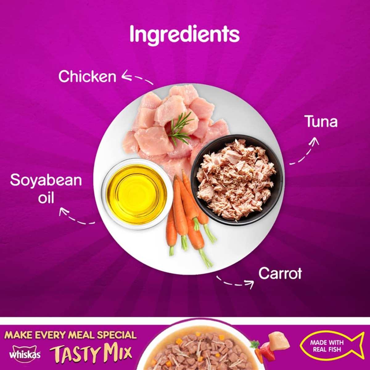 Whiskas Tasty Mix Chicken Tuna Carrot In Gravy Wet Cat Food, 70g