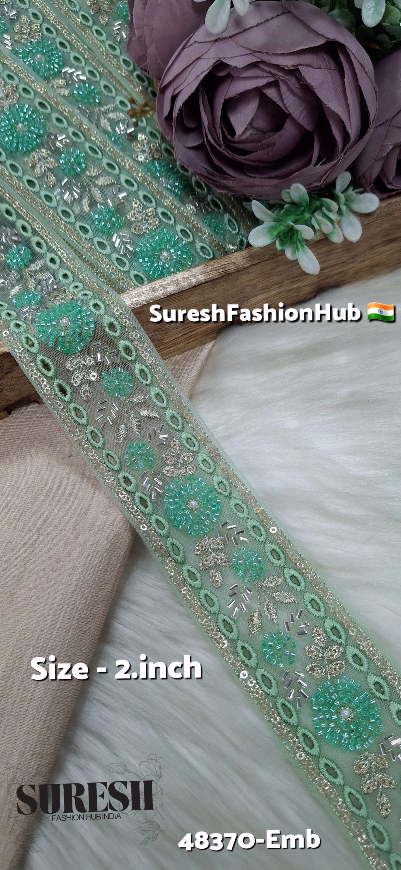 SeaGreen TwinCut Floral Net Embroidered Lace