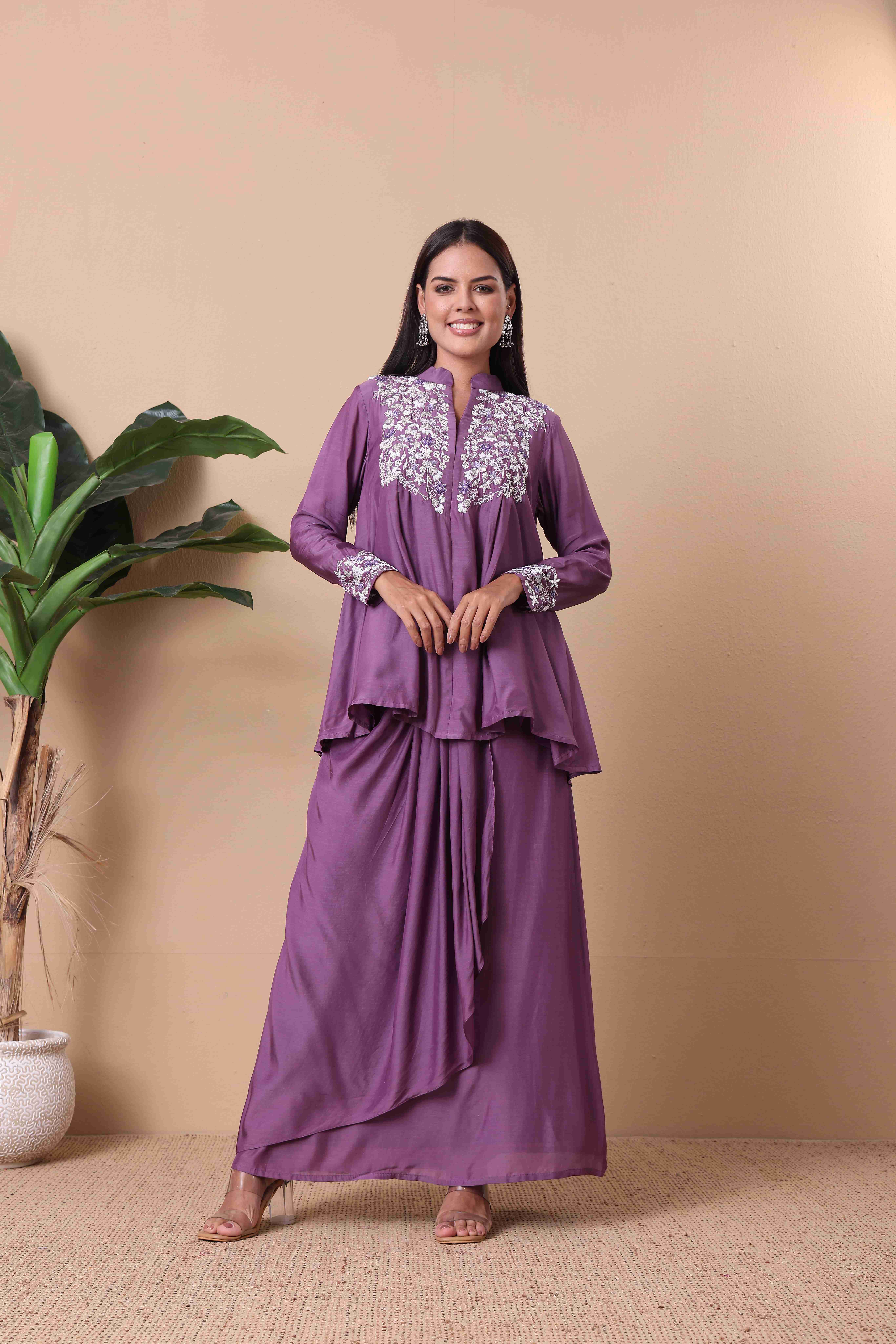 Lavender Flowy Kurta Set with Delicate Embroidery