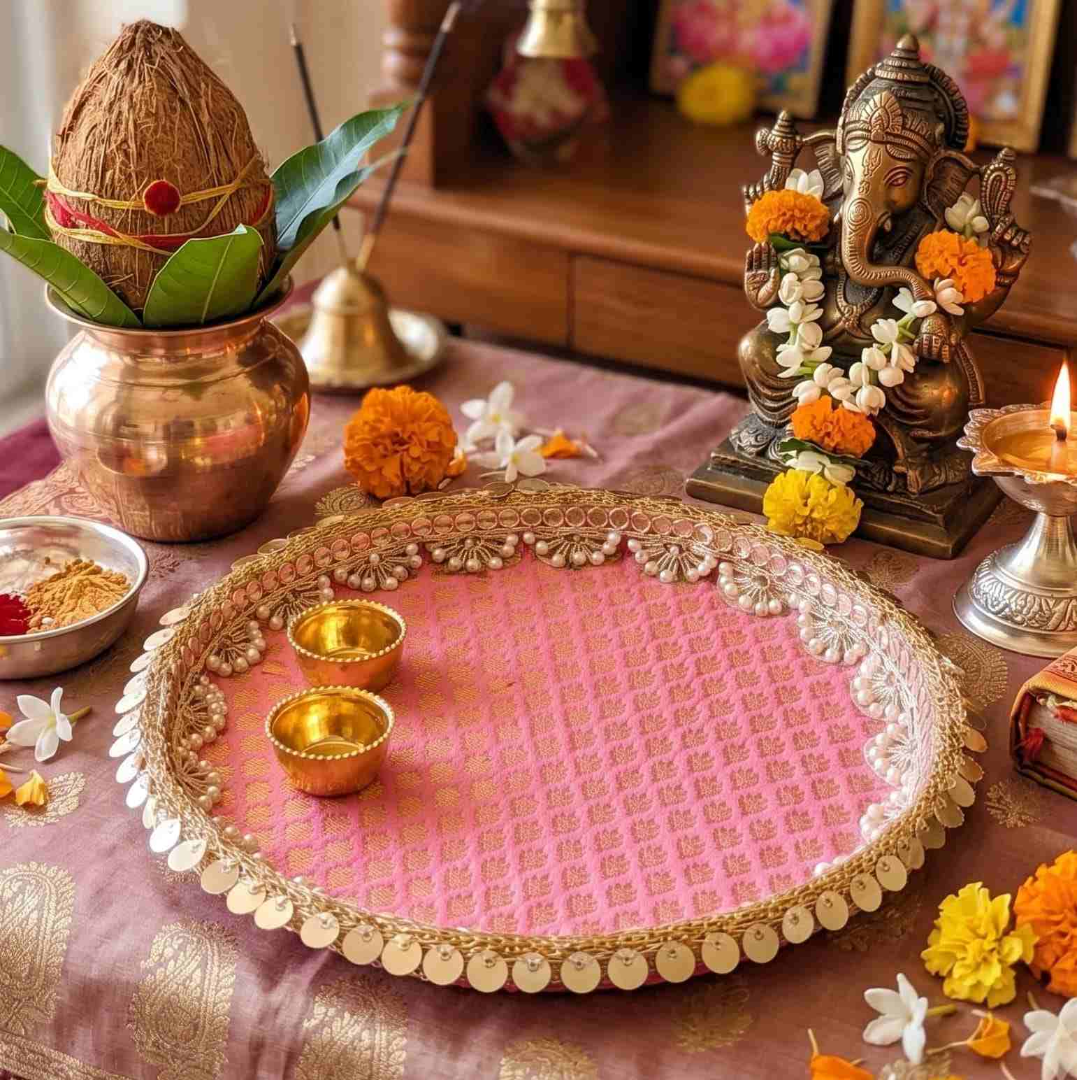 Brocade clad 8" Steel Aarti Thali|Diya